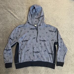 LL Bean Signature Duck Flying & Fisherman All Over Print Blue Hoodie Mens Large
